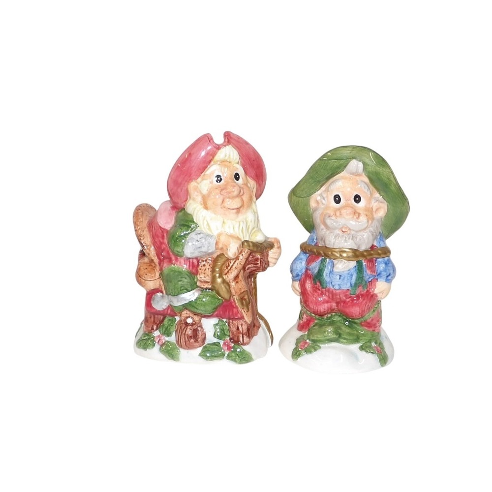 Set of 2 Ceramic Gnomes Cowboy Hats Playing Musical Instruments Christmas Decor